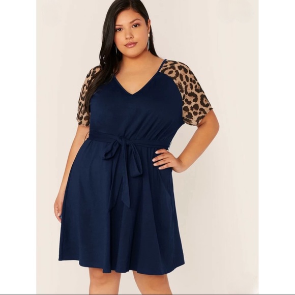 Dresses & Skirts - NEW PLUS Navy V Neck Midi Dress w Leopard Sleeves